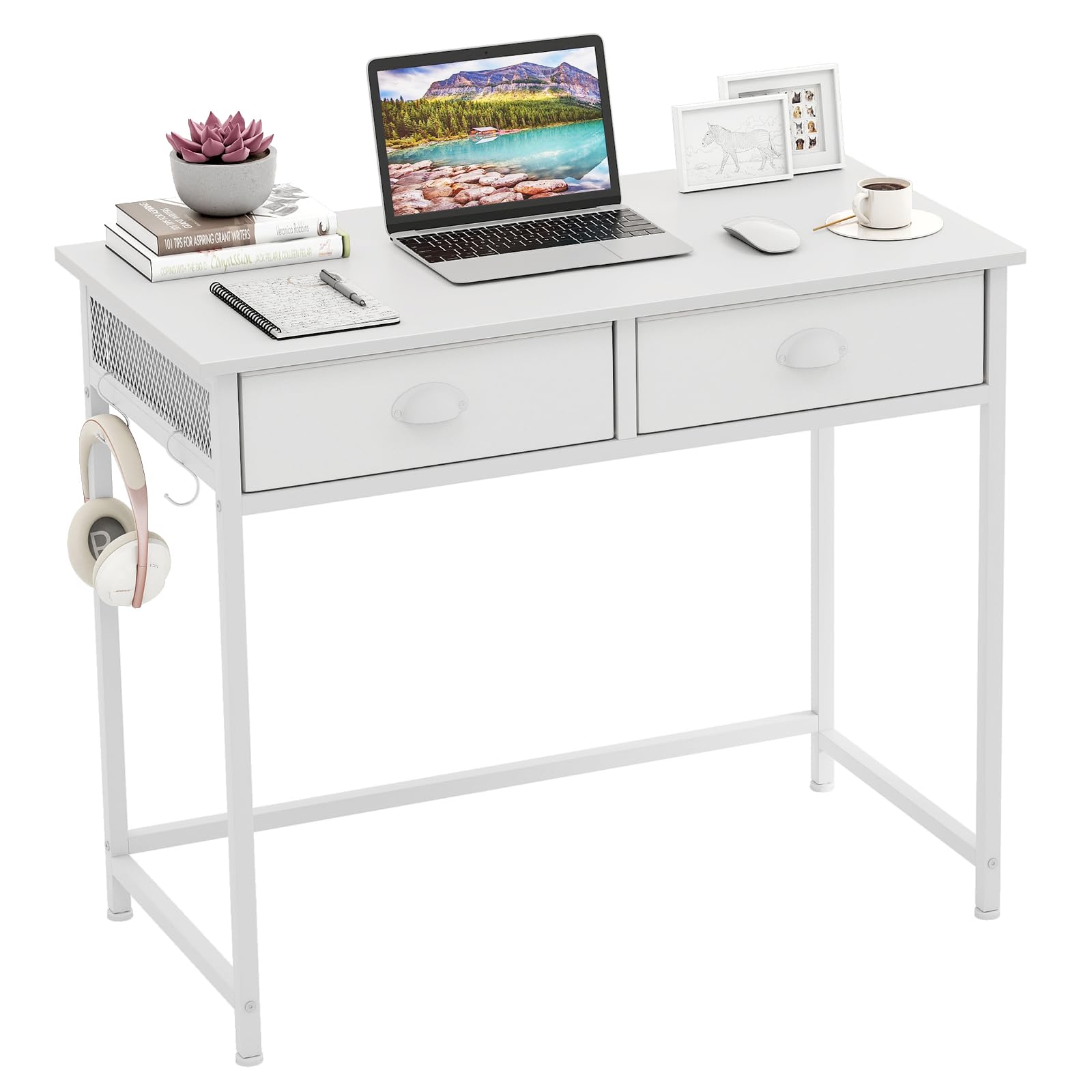 Bureau d'ordinateur Tangkula avec 2 tiroirs de rangement et 4 crochets